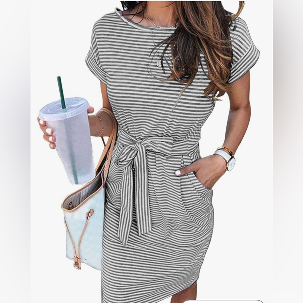 MEROKEETY Women's Striped Short Sleeve Shirt Dress Casual Tie Waist with Pockets